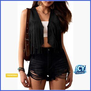 Fringe Cropped Vest Sleeveless Tassel 70s Cowgirl Western Vintage Jacket